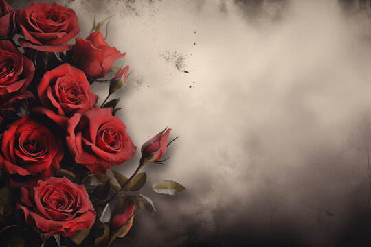 a red rose on a smoke vintage background with copy space. for cards, and funeral ceremonies.
