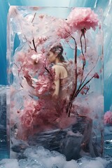 Young woman trapped in an ice cube with pink flowers