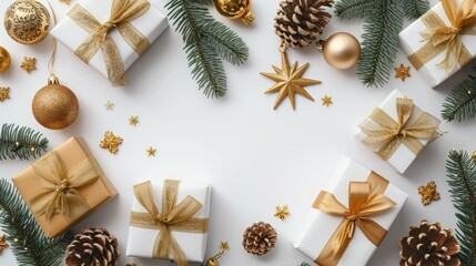 A flat lay of Christmas decorations and gift boxes with a minimalist white background.