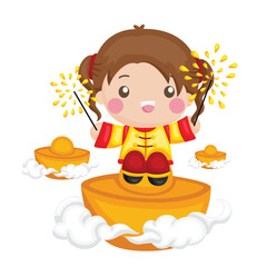 Cute Kids Chinese New Year CNY Celebration Cartoon Background Decoration Illustration Vector Clipart Sticker