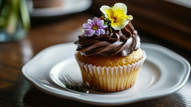 Closeup picture of a delicious looking vanilla cupcake with a whipped Callebaut chocolate frosting topped with a mini fondant flowe, copy space.
