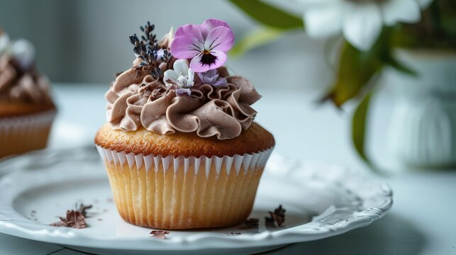 Closeup picture of a delicious looking vanilla cupcake with a whipped Callebaut chocolate frosting topped with a mini fondant flowe, copy space.