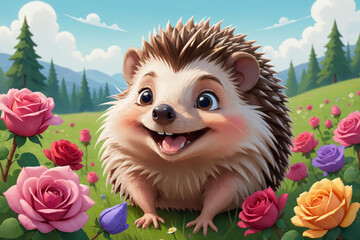 A cartoon style illustration of a happy hedgehog, in a meadow surrounded by colorful blooming roses
