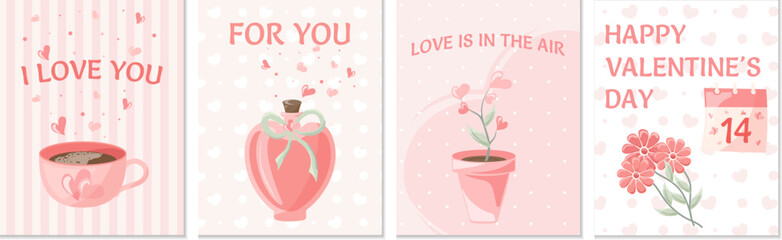 Set of 4 postcards. Vector illustration in cartoon style. Trendy modern illustration for Valentine's Day on white background, hand drawn, flat design. Vector illustration