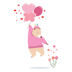 A little cute bear holding group of pink balloons and playing with sweet flower on white background. Vector illustration for Valentine's day decoration 