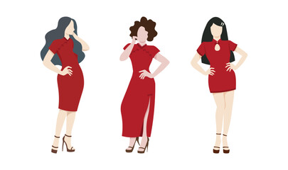 Collection of Chinese girls wearing Cheongsam dress. Vector illustration for Chinese New Year celebration