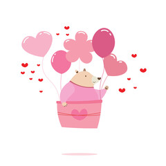 A little cute bear sitting in sweet pink balloons and flying on the air on white background. Vector illustration for Valentine's day decoration 