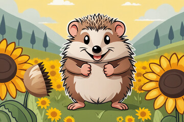 Obraz na płótnie Canvas A cartoon style illustration of a happy hedgehog, in a meadow surrounded by colorful blooming sunflowers