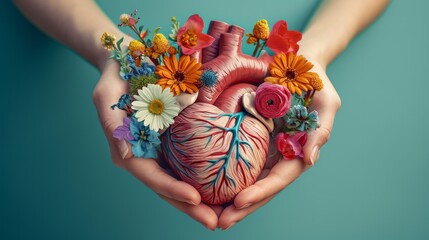 An anatomical heart model adorned with vibrant flowers held in hands.