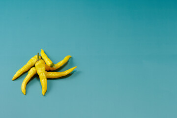 黄色系唐辛子を複数左下に複数配置した緑色系背景あり俯瞰撮影