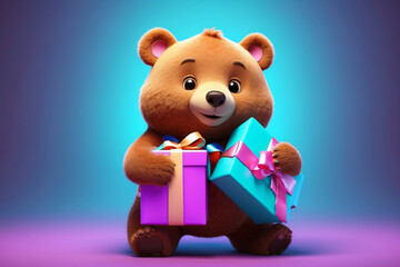 3d cute bear character brings a gift with fantasy colors