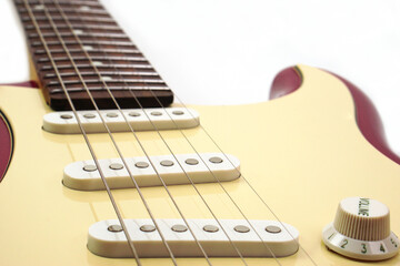 Selective focus, focus acoustic guitar strings on white background with copy space. Love,...