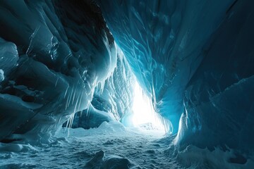 A mesmerizing ice cave hidden within the depths of a mountain, where the beauty of nature meets the imminent danger of melting icicles - obrazy, fototapety, plakaty