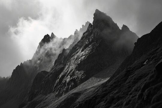 A monochromatic massif looms high above the fog-covered landscape, its summit hidden in the clouds, creating a serene and majestic outdoor scene