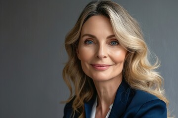 Happy smiling adult age 50 years old female manager portrait looking at camera. Closeup headshot of sophisticated business woman isolated on grey background advertising products and, Generative AI  - obrazy, fototapety, plakaty