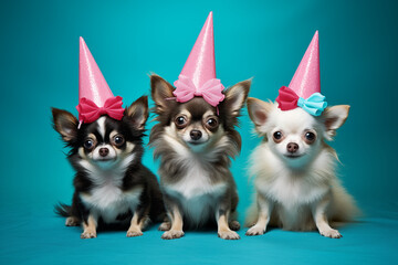 Celebration, happy birthday, Sylvester New Year's eve party, funny animal greeting card - Cute little chihuahuas dog pet with pink party hat and bow tie on blue wall background texture