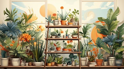 An illustration of a room with many plants in pots on shelves and on the floor near a large window