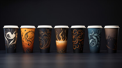 Set of paper coffee cups for cappuccino americano - obrazy, fototapety, plakaty