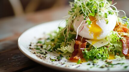 Fresh salad with poached egg, crisp bacon.
