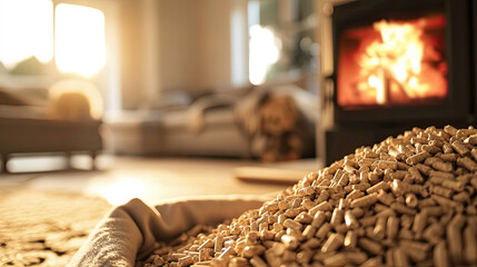wood pellets  in a warm livingroom with burning oven. Generative AI