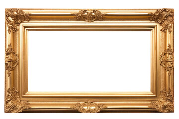 Antique rectangular gold picture frame, isolated on a transparent background. Design element, mock up
