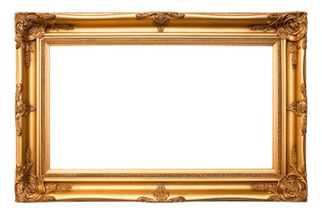 Antique rectangular gold picture frame, isolated on a transparent background. Design element, mock up