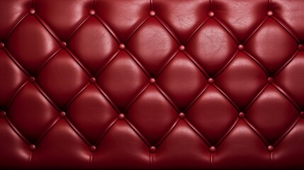 A red leather upholstery. Close-up texture of genuine leather with buttons and red rhombic stitching. Luxury background, texture