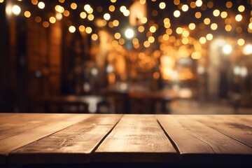 A wooden table is showcased against the mesmerizing backdrop of abstract and blurred restaurant lights, enhancing the overall dining experience. Created with generative AI tools - obrazy, fototapety, plakaty