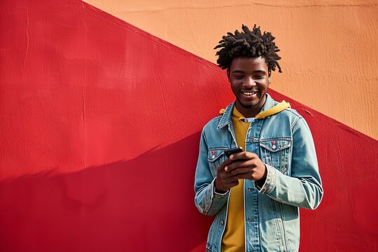 Happy Young African American Guy Standing At Color Bright Red Wall Outdoors Using Cell Phone, Looking At Camera Holding Cellphone Enjoying Doing Online Ecommerce Shopping In Mobile Apps, Generative AI