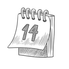 Tear-off calendar with the number 14 on the first page. 14th of February. Black and white sketch style calendar with spring