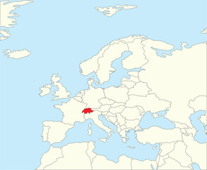 Fototapeta premium Red CMYK national map of SWITZERLAND inside simplified beige blank political map of European continent on blue background using Winkel Tripel projection