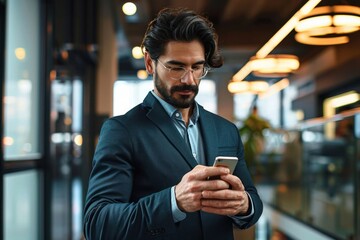 Busy young Latin business man using cellphone at work standing in office. Serious male executive, businessman employee or entrepreneur holding smartphone working on mobile cell phone, Generative AI  - obrazy, fototapety, plakaty