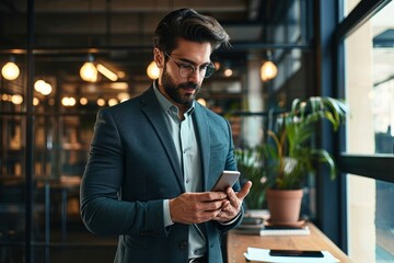 Busy young Latin business man using cellphone at work standing in office. Serious male executive, businessman employee or entrepreneur holding smartphone working on mobile cell phone, Generative AI 