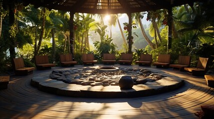 Fototapeta premium secluded outdoor yoga space with a fire pit