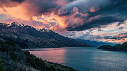 Nature landscape of a mountain range during sunset with vibrant colors in the cloud sky and a serene lake background.