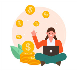 Earn money online. A woman works online with a laptop and coins. Freelancer making money from home, Success remote work. Freelancers earn money from home and work online. Vector illustration