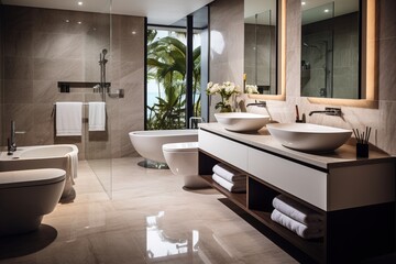 Modern bathroom interior with bathtub and tropical view