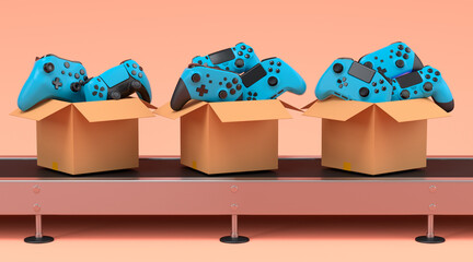 Set of gamer joysticks or gamepads in cardboard box on factory line on orange © Vasyl Onyskiv