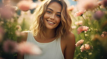 A woman's glowing skin and smile, with a backdrop of pastel-colored flowers in a garden, create a visually refreshing - obrazy, fototapety, plakaty