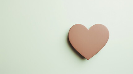 Brown heart on a pastel green background with copy space for text. Flat lay top view. Valentine's Day, Wedding concept. For banner, greeting card, invitation, postcard, poster, advertising