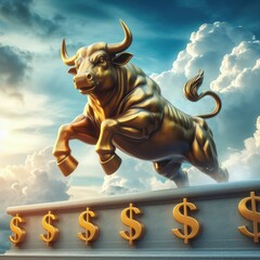 stock market bull jumping high and money floating background. Financial Concept