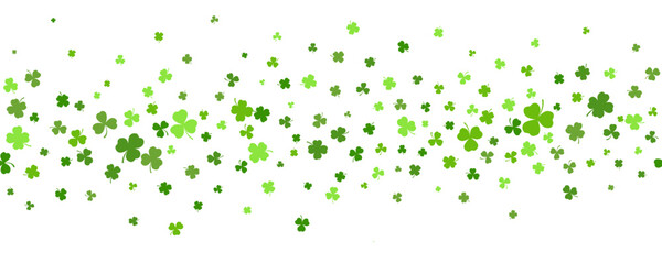 Shamrock clover background. St. Patrick day green leaves border. Celtic spring party design. Floral flying confetti for banner and poster. Vector - obrazy, fototapety, plakaty