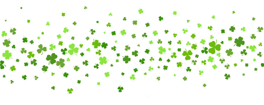Shamrock clover background. St. Patrick day green leaves border. Celtic spring party design. Floral flying confetti for banner and poster. Vector