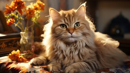 A ginger cat is sitting on a table with flowers in the background