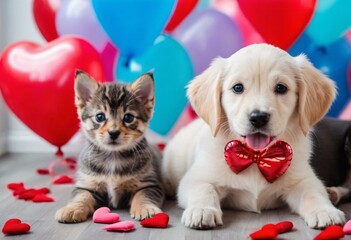 A background for valentines day banner with cute puppies surrounded with colorful balloons and hearts.