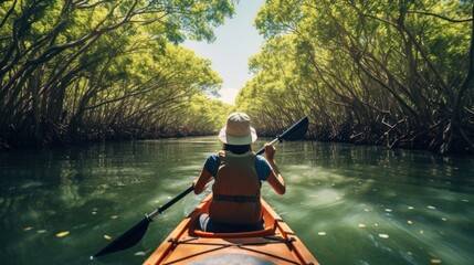 Attractive young Asian tourist kayaking alone on the lake Beautiful mangrove forest, fun to spend time on vacation.