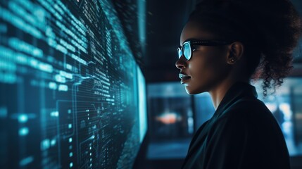 black female developer Digital transformation concepts, systems engineering, binary code,