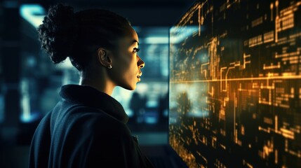black female developer Digital transformation concepts, systems engineering, binary code, programming