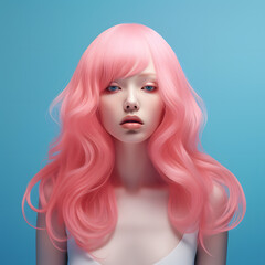 Beautiful girl with  pink hair isolated on sky blue background 