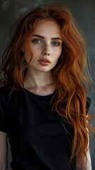 Fototapeta premium photo of a redheaded girl in a black T-shirt